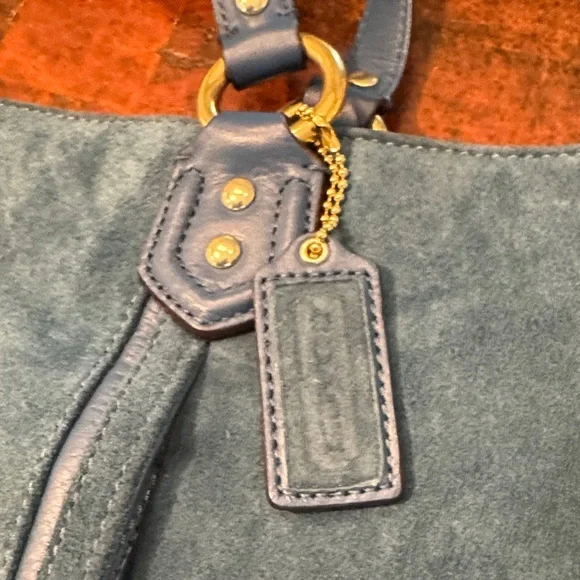 Coach Dark Teal Suede Shoulder Bag with Gold Hardware - Picture 3 of 16